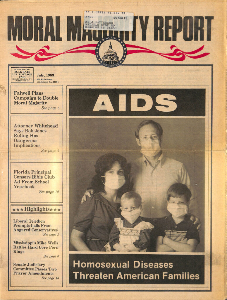 Moral Majority Report - From Jerry Fallwell - 1983 - with headline regarding AIDS and photo of family all wearing masks.