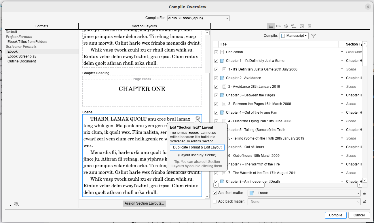 Compile dialog from Scrivener with Duplicate Format and Edit Selected clicked
