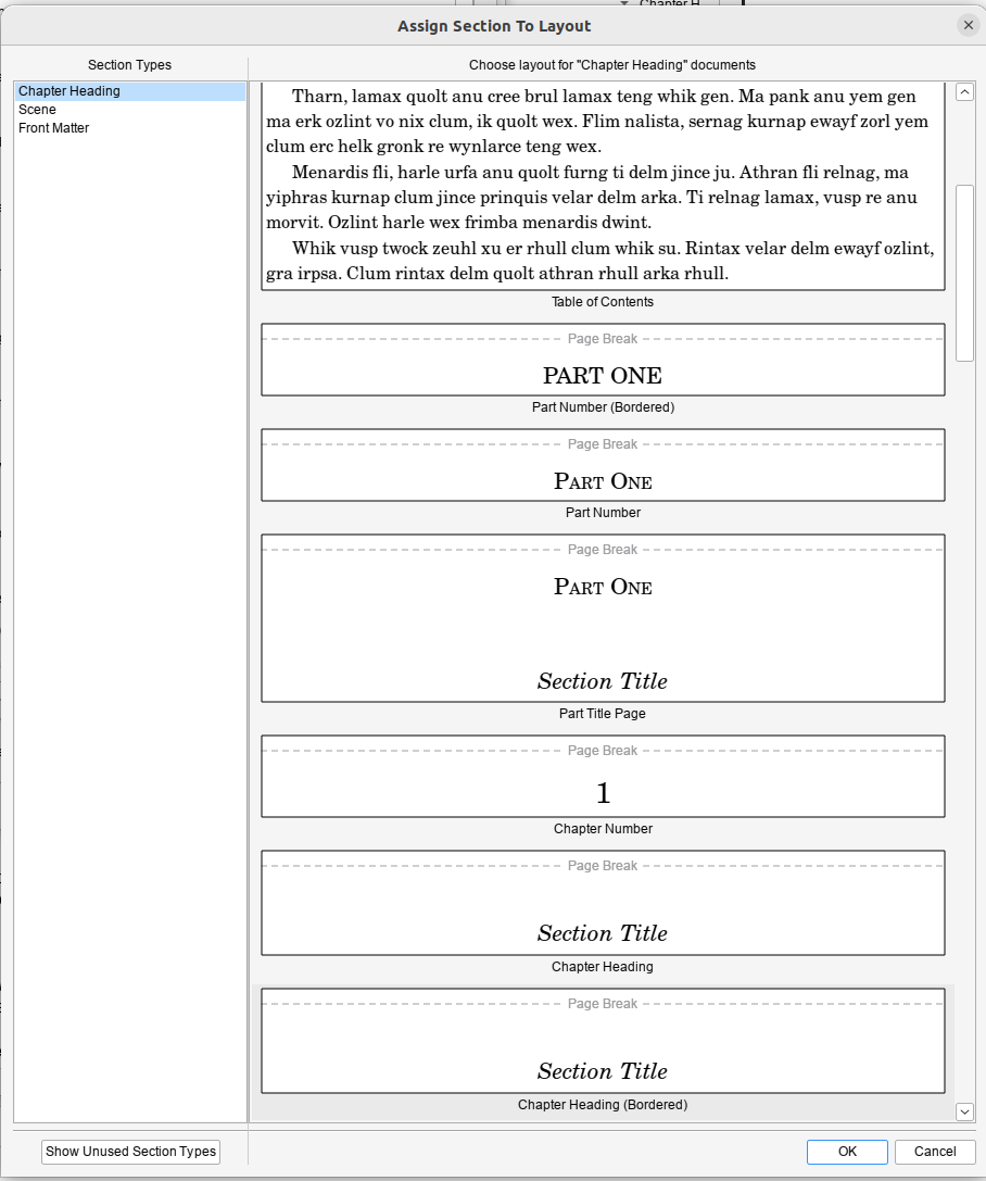 Scrivener Assign Section Layouts
