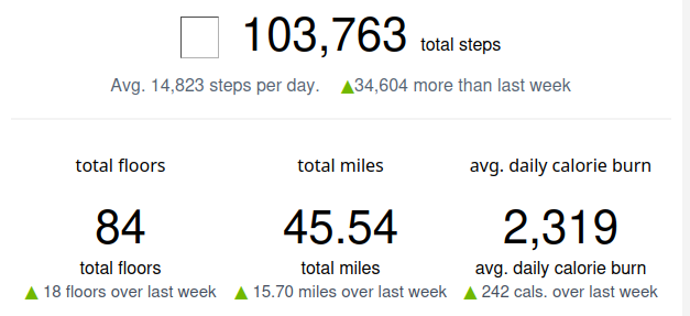 103,763 total steps, 45.54 miles, 84 floors and 2,319 calories/day