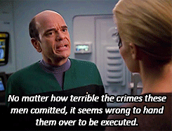 VOY 7x13 'Repentance': Voyager rescues passengers from a prison ship whose prisoners are on their way to be executed.
